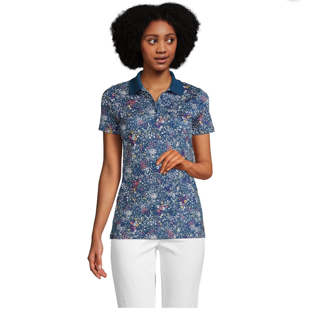 Lands' End Supima Cotton Short Sleeve Polo Shirt Baltic Teal Ditsy Floral NWT - Picture 2 of 13